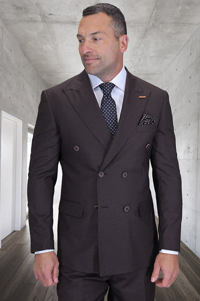 Men's Designer Double Breasted Wool Suit in Brown Micro Plaid