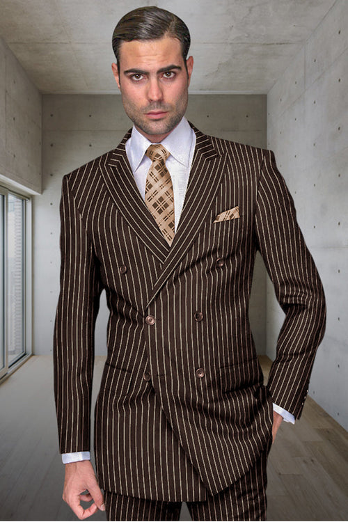 Men's Designer Double Breasted Wool Suit in Bold Brown Gangster Pinstripe.