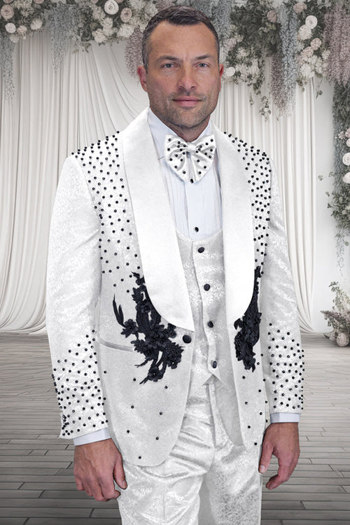 Men's Designer High Fashion Vested Studded Floral Paisley Prom & Wedding Tuxedo in White & Black