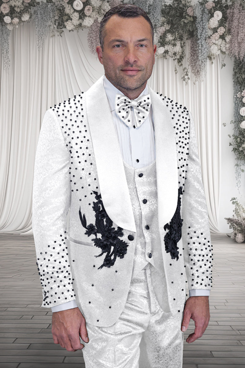 Men's Designer Floral Rhinestone Prom & Wedding Tuxedo in Black & White