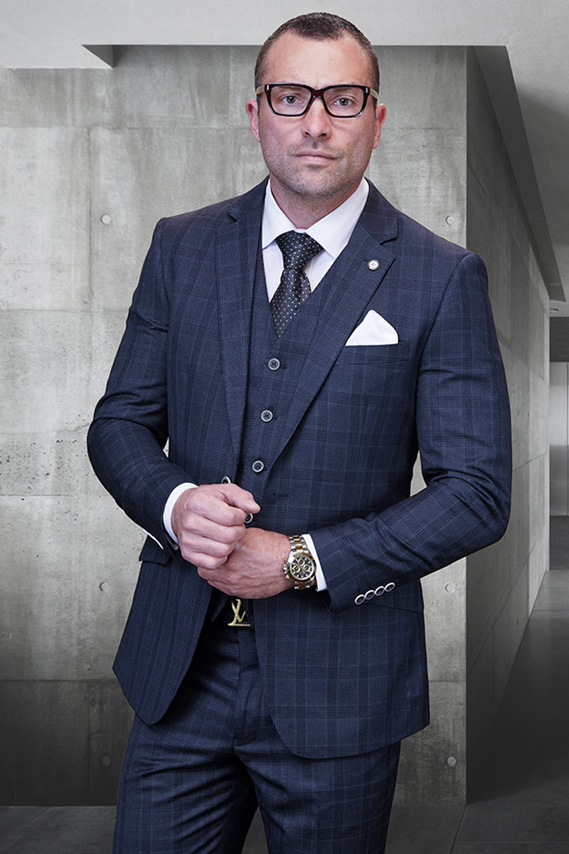 Men's Designer Modern Fit Vested Wool Suit in Charcoal Grey Glen Plaid – SuitUSA