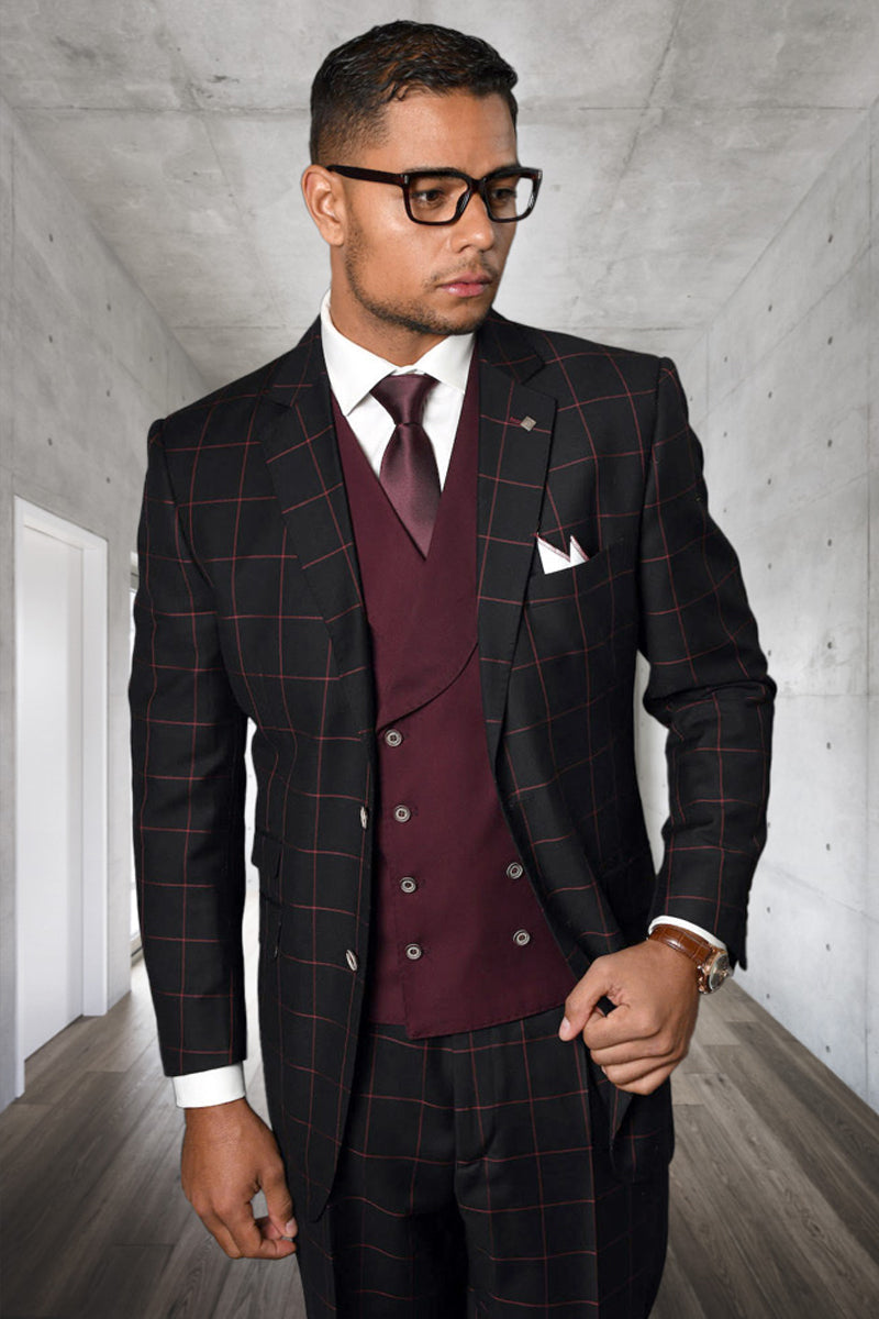 Men's Designer Two Button Vested Wool & Cashmere Suit in Black & Burgundy Windowpane Plaid