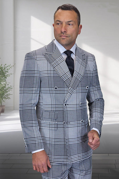 Men's Designer Wool Double Breasted Suit in Natural Grey Houndstooth Glen Plaid by Statement