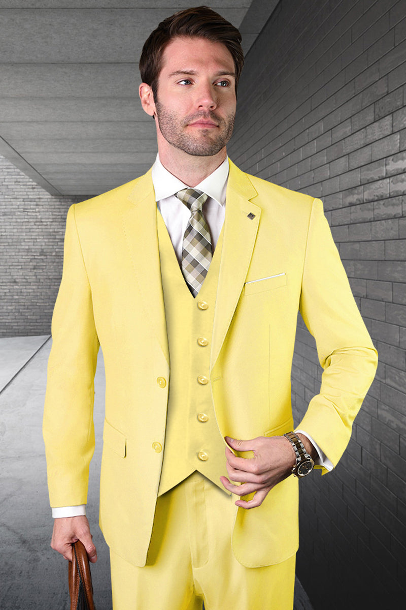 Men's Designer Vested Modern Fit Wool Business & Wedding Suit in Yellow – SuitUSA