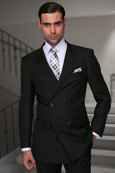 Men's Designer Double Breasted Wool Suit in Black