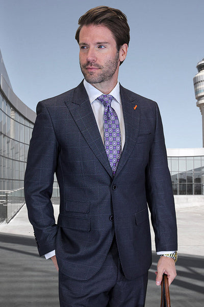 Men's Designer Two Button Peak Lapel Wool Suit in Dark Grey Windowpane Plaid