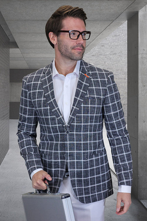 Men's Modern Fit Patch Pocket Designer Wool Summer Blazer in Black Windowpane Plaid by Statement