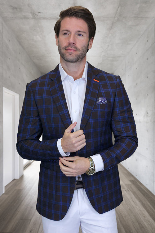 Men's Modern Fit Patch Pocket Designer Wool Summer Blazer in Brown Plaid