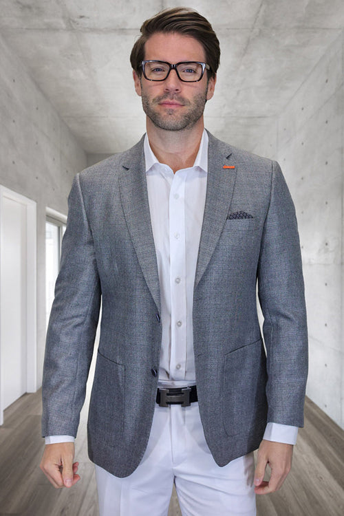 Men's Modern Fit Patch Pocket Designer Wool Summer Blazer in Grey Windowpane Check