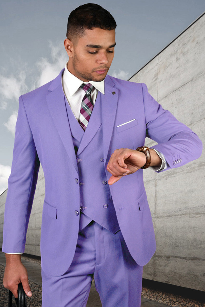 Men's Designer Modern Fit Double Breasted Vest Wool Wedding Suit in Lavender – SuitUSA