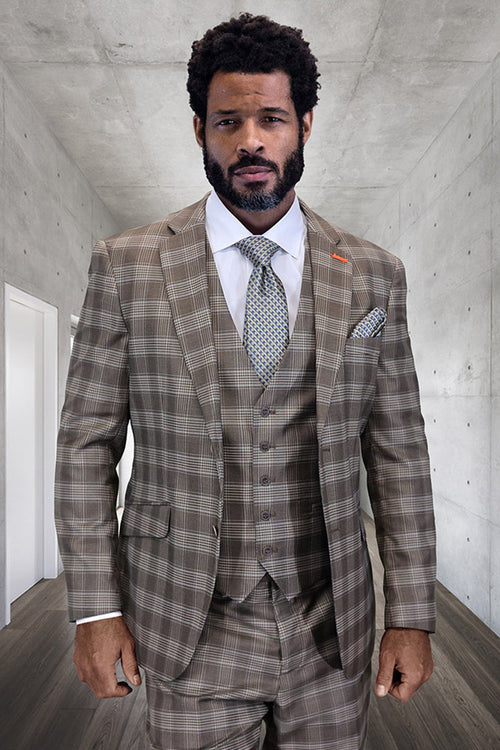 Men's Designer Two Button Modern Fit Vested Wool Suit in Chocolate Brown Plaid by Statement