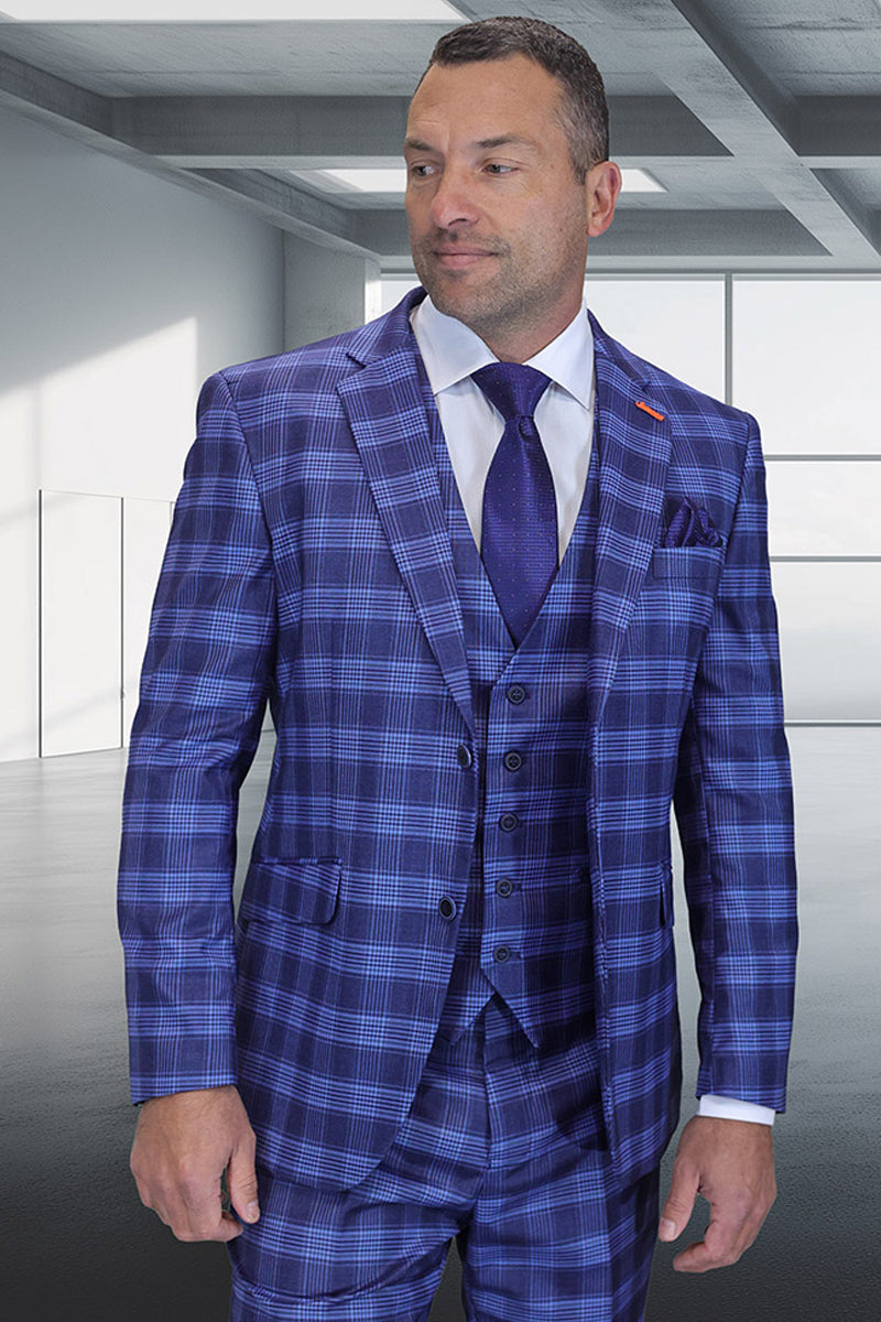 Men's Designer Two Button Modern Fit Vested Wool Suit in Indigo Blue Glen Plaid – SuitUSA