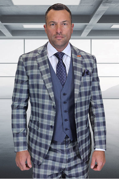 Men's Designer Modern Fit Wool Suit in Grey Plaid with Contrasting Vest