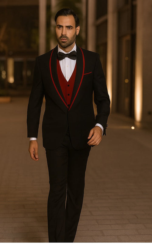 Statement Men's Black with Red Lapel Vested 100% Wool Tuxedo by menstuxedousain