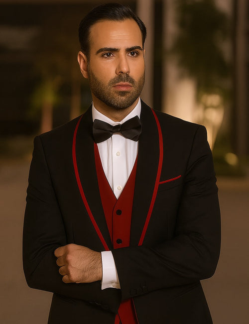 Statement Men's Black with Red Lapel Vested 100% Wool Tuxedo by menstuxedousain