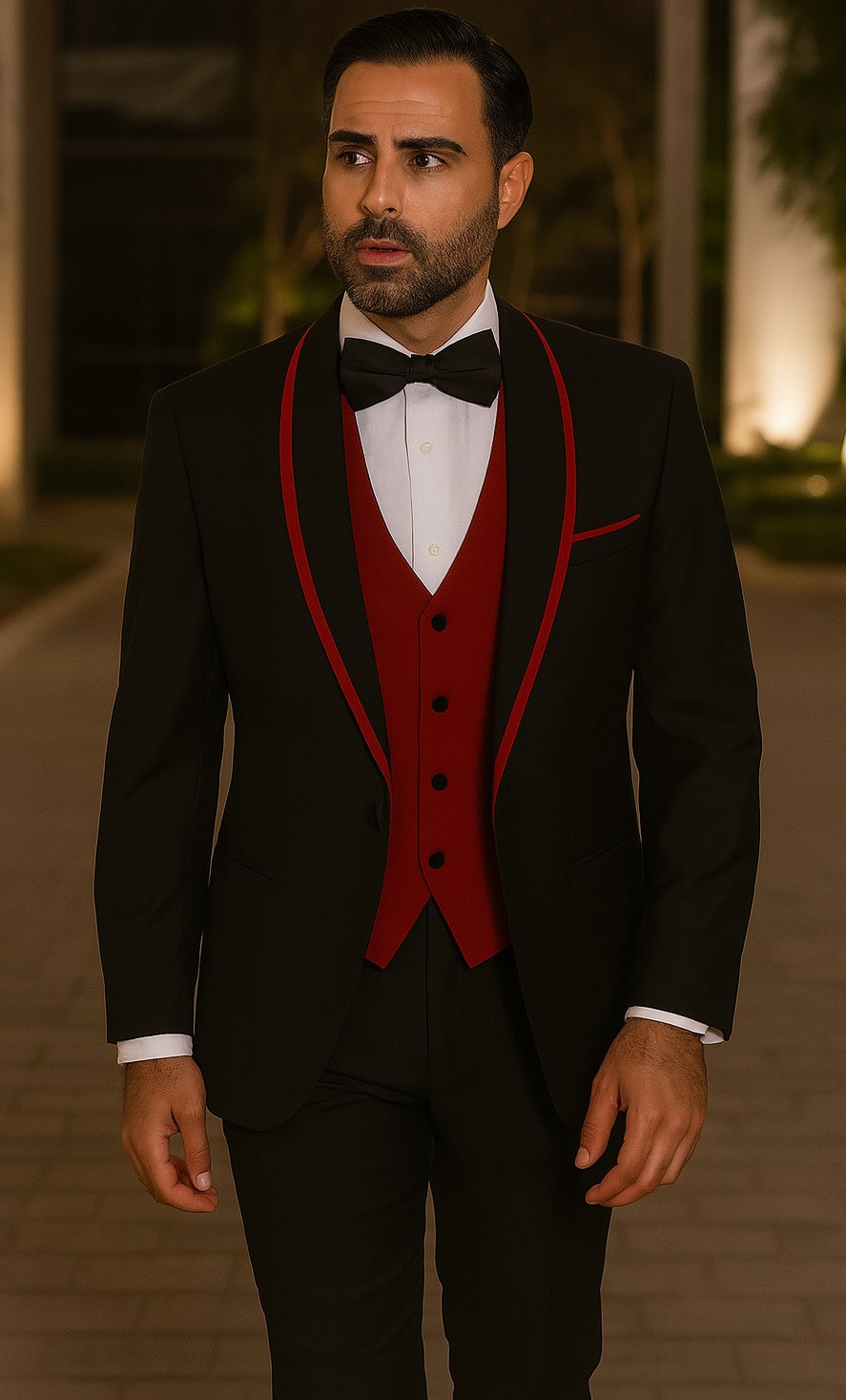 Statement Men's Black with Red Lapel Vested 100% Wool Tuxedo by menstuxedousain