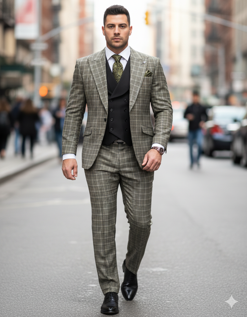 Statement Suits - Wool Suits - Peak Lapel Suits - Ticket Pocket - Modern Fit - Olive Suit by Men's Tuxedo USA