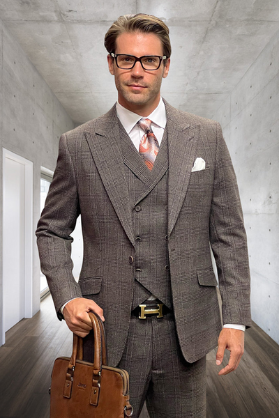 Men's Wool Peak Lapel Suit in Muted Brown Widowpane Plaid