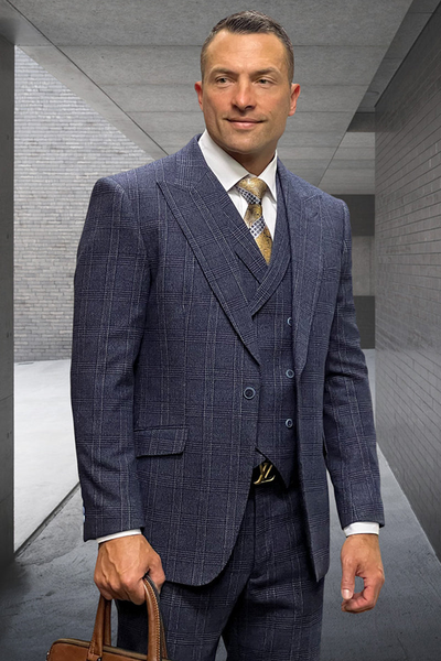 Men's Wool Peak Lapel Suit in Muted Navy Plaid