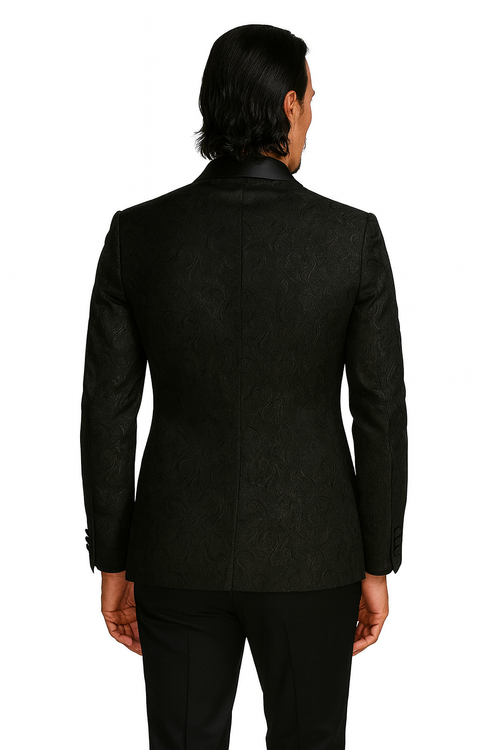 Black Prom Tuxedo Suit - Black Wedding Suit - Men's Slim Fit Wedding & Prom Tonal Paisley Tuxedo Jacket