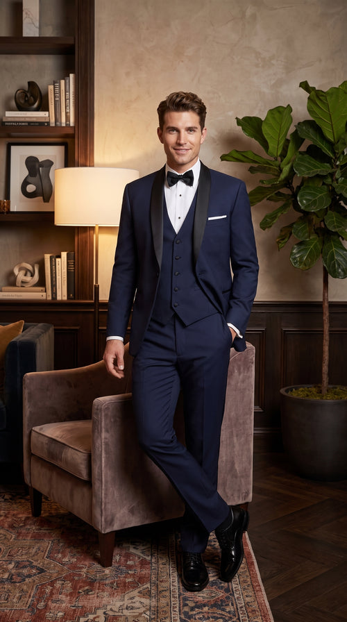 Designer Tuxedos Men’s Navy One Button Shawl Lapel Tuxedo Suit for Wedding, Prom and Formal Events