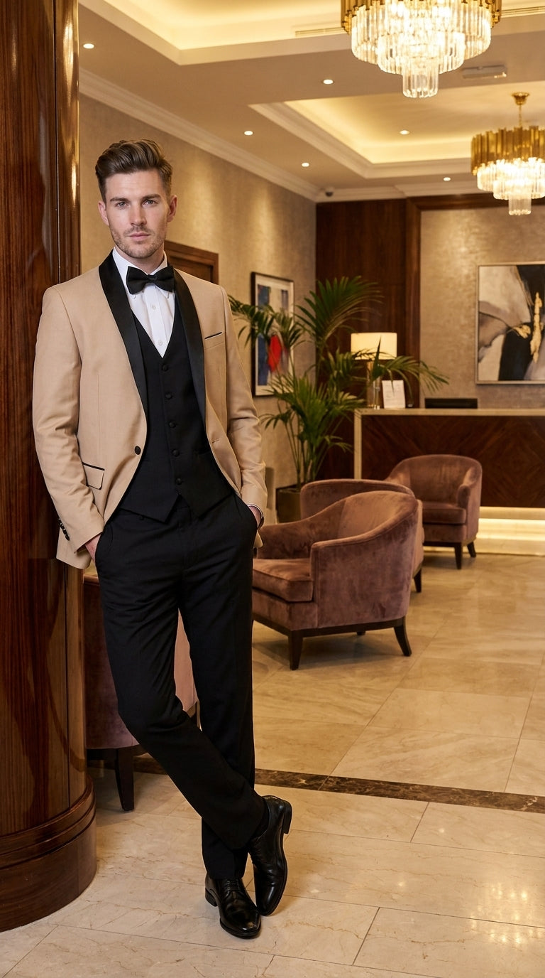 PromTuxedo Men’s Champagne and Black 3-Piece Wool Tuxedo – Shawl Lapel Wedding, Prom and Groom Suit