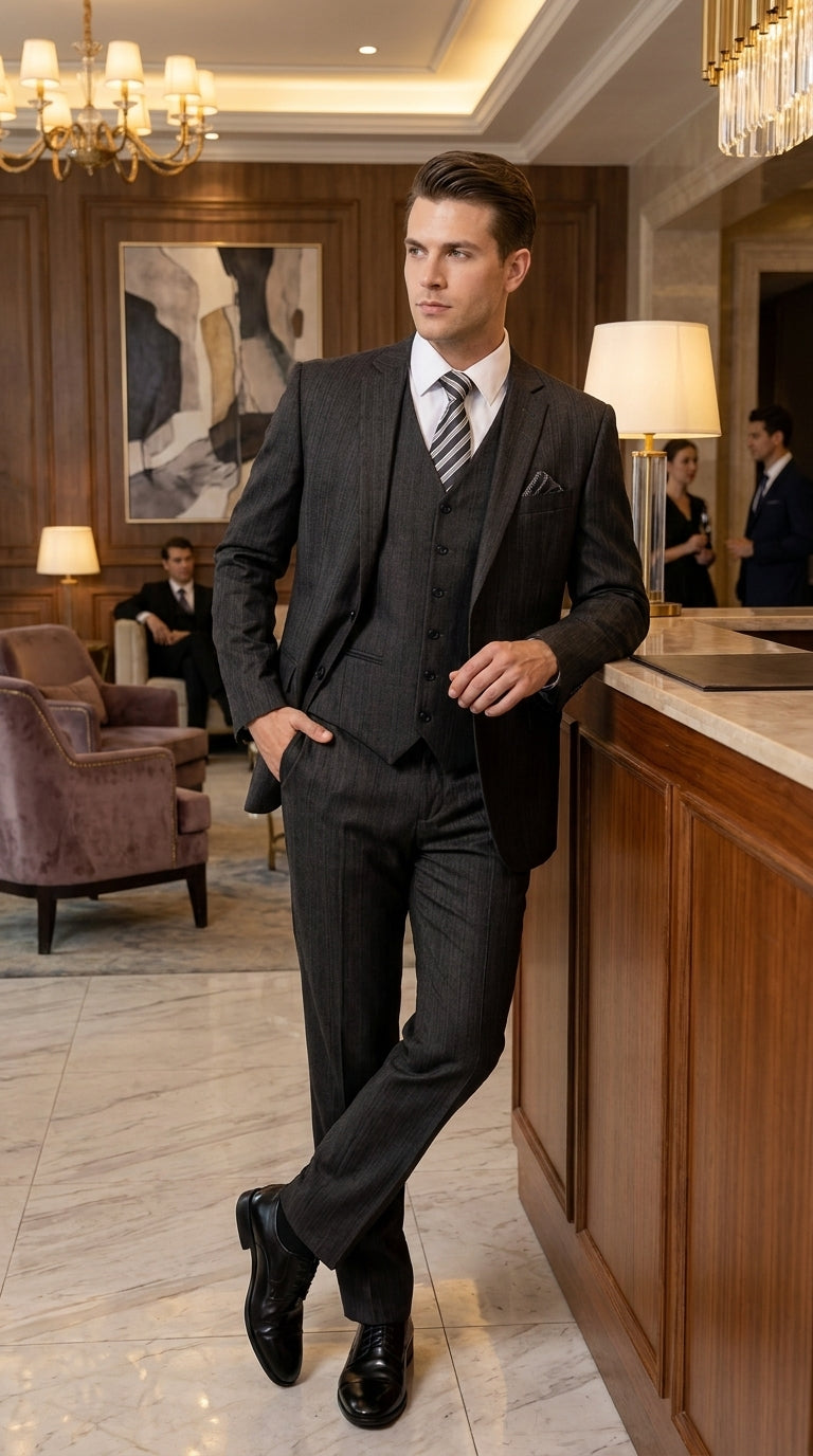 Men’s Classic Black Sharkskin 3-Piece Business Suit – Vested Wedding, Church and Formal Suit