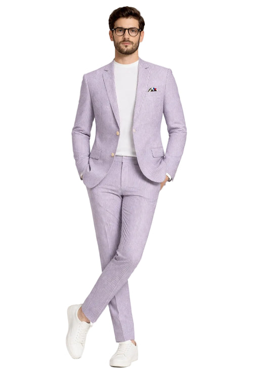 Mens Lavender Seersucker Suit Blazer + Pants Cotton Fabric - Summer Fabric by USA Men's Outlet