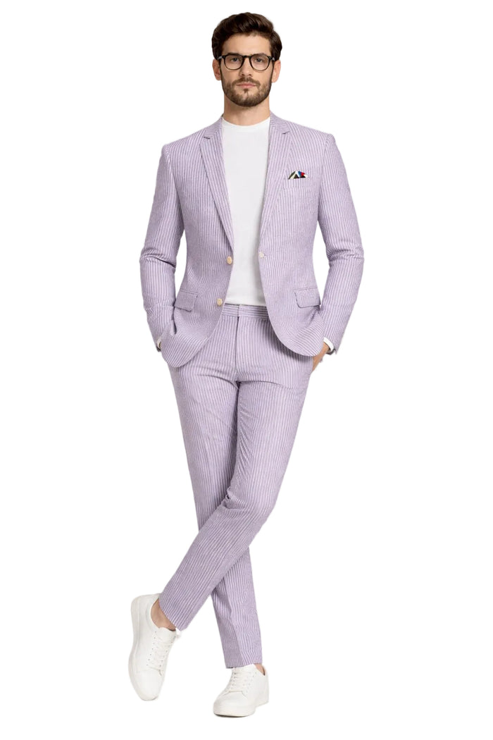 Mens Lavender Seersucker Suit Blazer + Pants Cotton Fabric - Summer Fabric by USA Men's Outlet