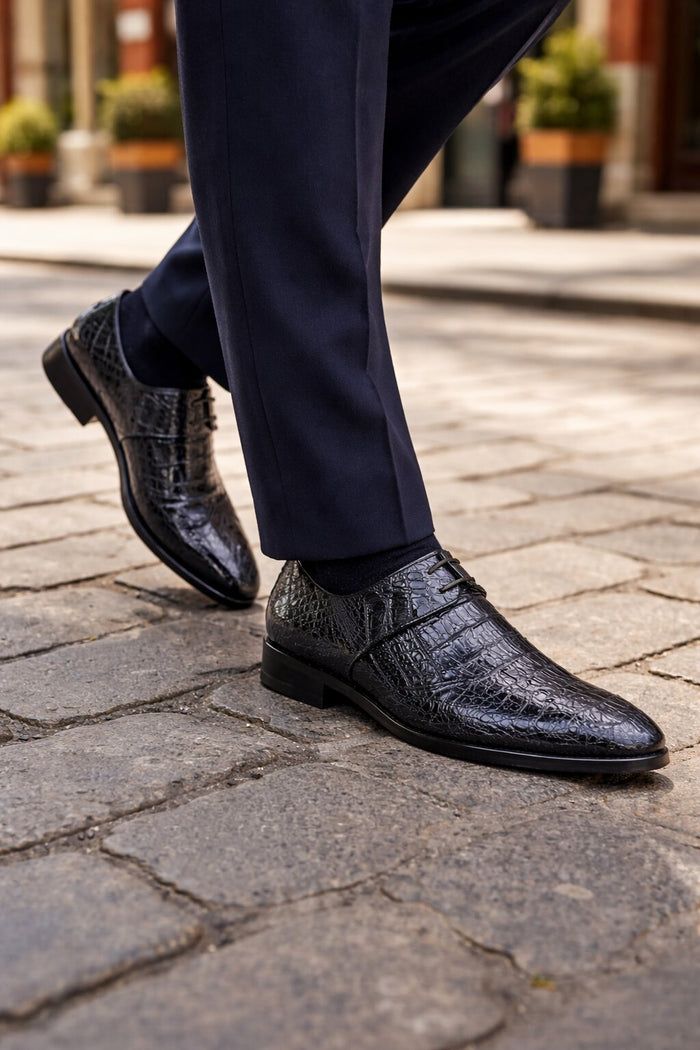 Men’s Navy Genuine Crocodile and Calfskin Leather Slip-On Dress Shoes