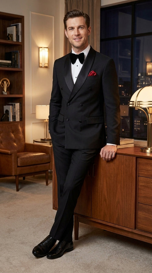 Men’s Black 6 Button Double Breasted Tuxedo, 2 Piece Formal Wedding Prom Suit