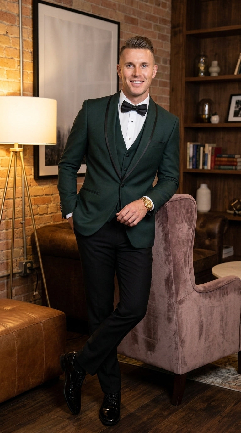 Men’s Hunter Green Shawl Lapel Tuxedo with Satin Trim, Formal Wedding Prom Dinner Suit