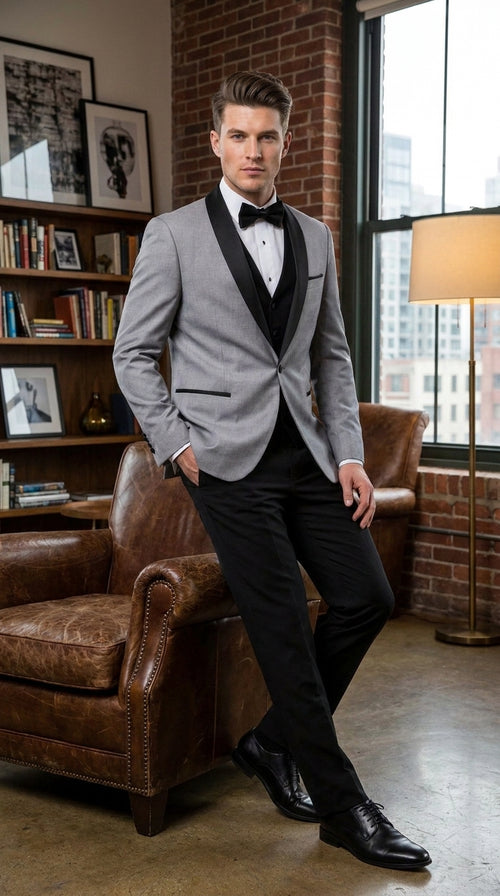 Men’s Grey and Black 3-Piece Prom Tuxedo – Vested Wedding Suit with Black Shawl Lapel