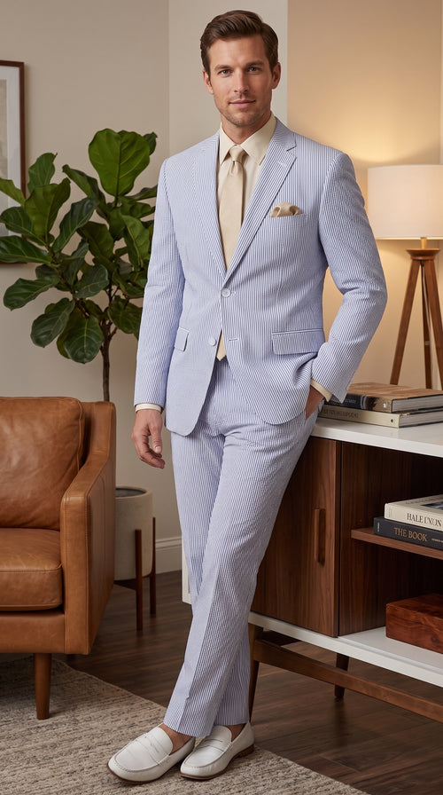 Men’s Navy Blue Pinstripe Seersucker 2 Piece Summer Suit, Lightweight Wedding and Beach Suit