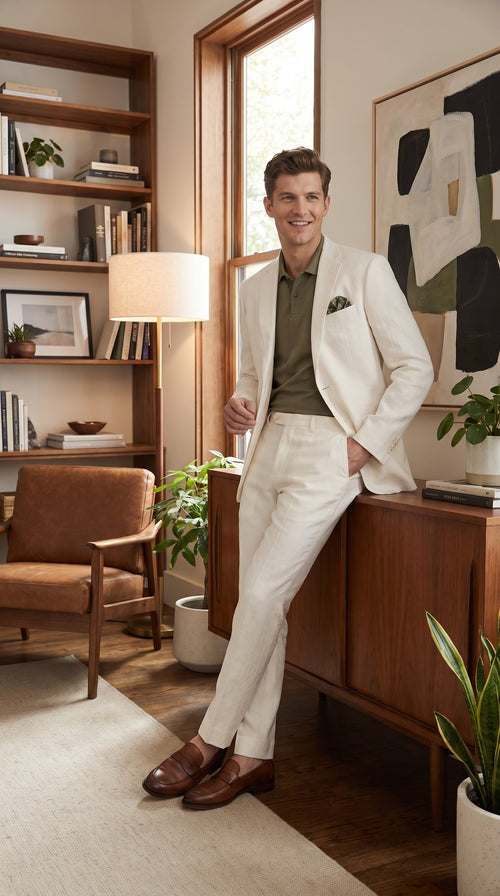Men’s White Linen and Cotton Summer Suit, Basic Modern 2 Piece Wedding and Beach Suit