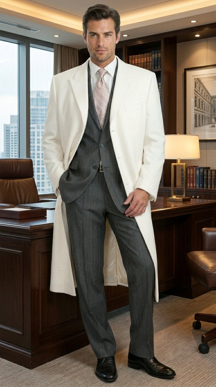 White and Cashmere Mens Overcoat - Full Length Topcoat