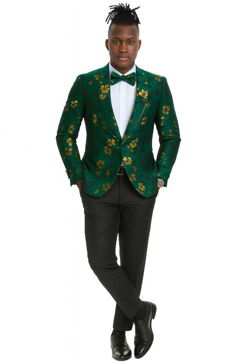 Men's slim fit hunter green and gold paisley prom and wedding tuxedo jacket
