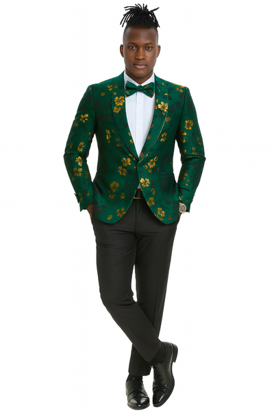 Tailors Tazio Tailors Men's Slim Fit Paisley Foiled Blazer - Hunter Green & Gold for Prom & Weddings