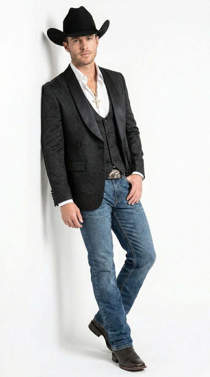 Men’s Black Paisley Jacquard Blazer with Satin Shawl Lapel, Western Formal Designer Jacket