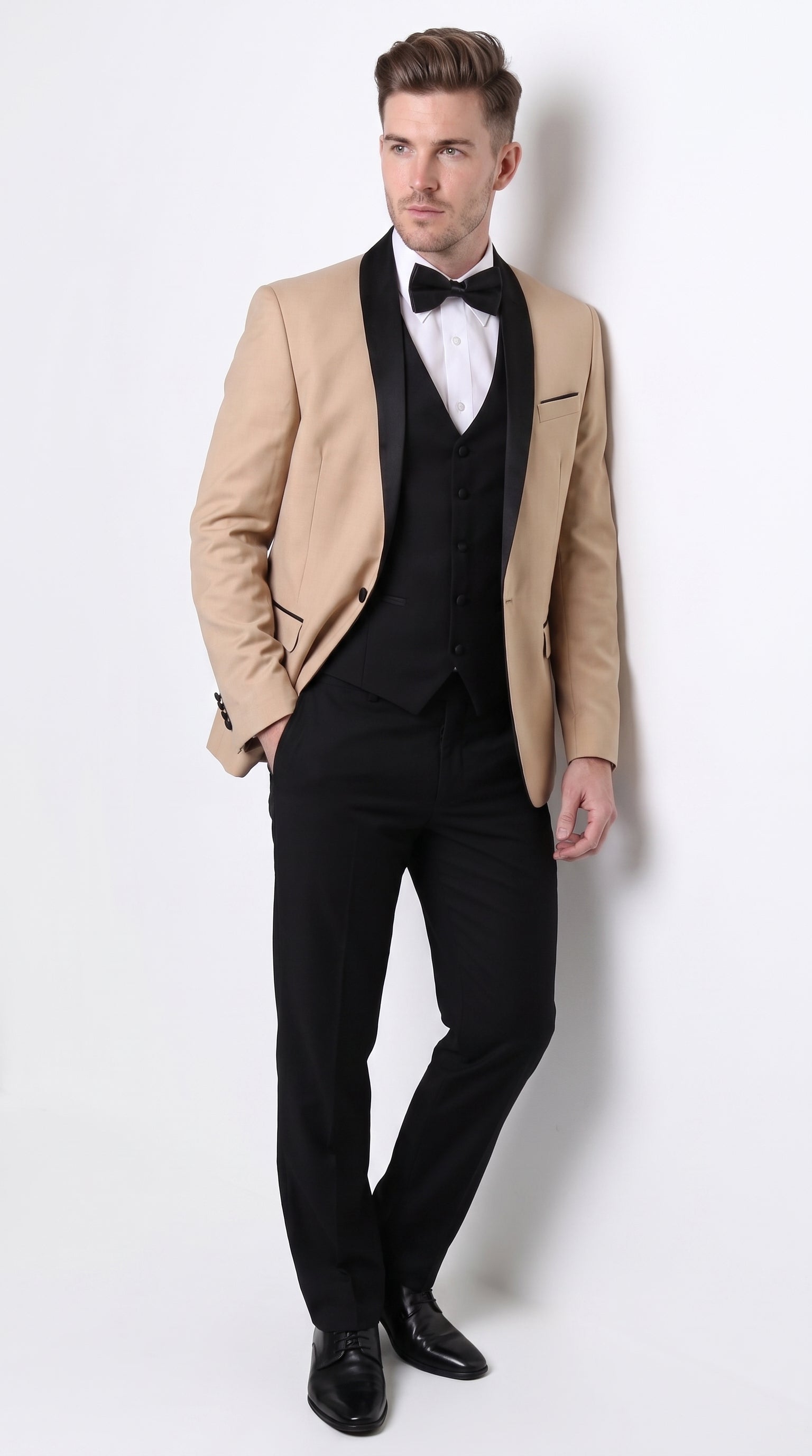 PromTuxedo Men’s Champagne and Black 3-Piece Wool Tuxedo – Shawl Lapel Wedding, Prom and Groom Suit