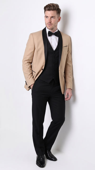 PromTuxedo Men’s Champagne and Black 3-Piece Wool Tuxedo – Shawl Lapel Wedding, Prom and Groom Suit