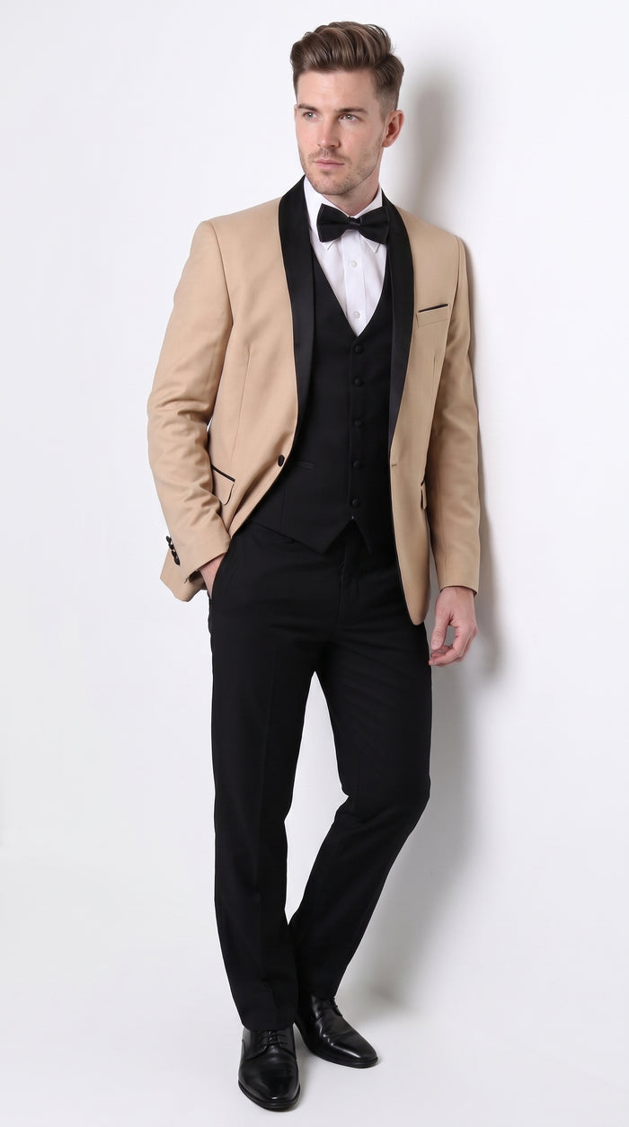 PromTuxedo Men’s Champagne and Black 3-Piece Wool Tuxedo – Shawl Lapel Wedding, Prom and Groom Suit