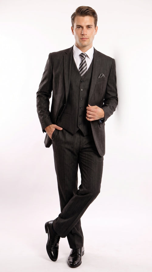 Men’s Classic Black Sharkskin 3-Piece Business Suit – Vested Wedding, Church and Formal Suit