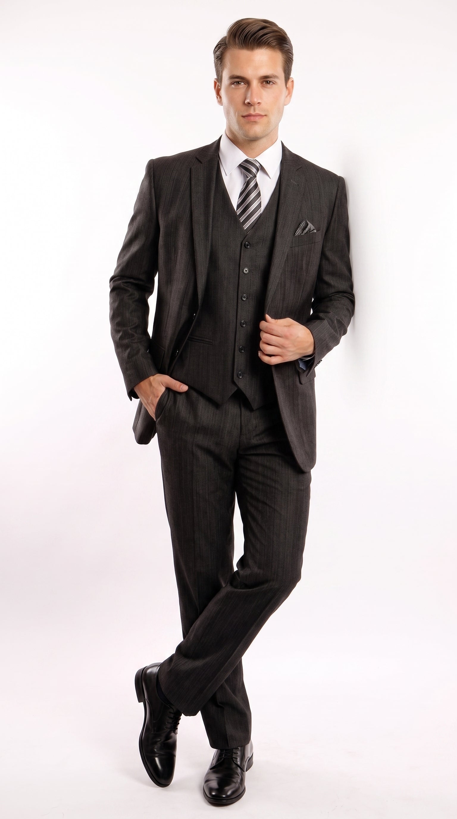 Men’s Classic Black Sharkskin 3-Piece Business Suit – Vested Wedding, Church and Formal Suit