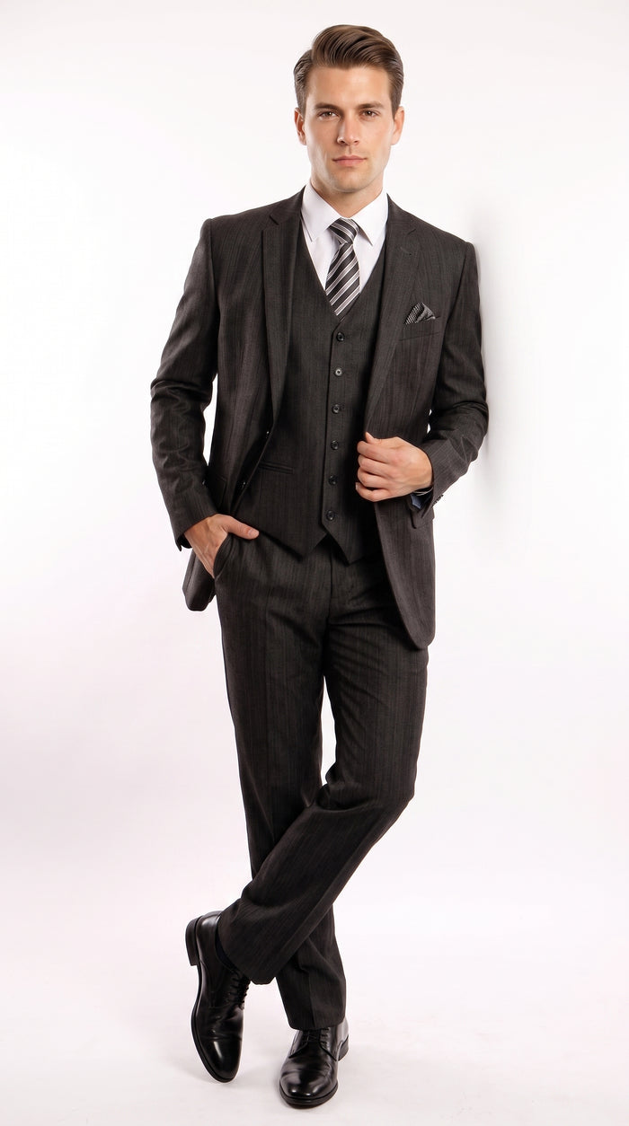 Men’s Classic Black Sharkskin 3-Piece Business Suit – Vested Wedding, Church and Formal Suit