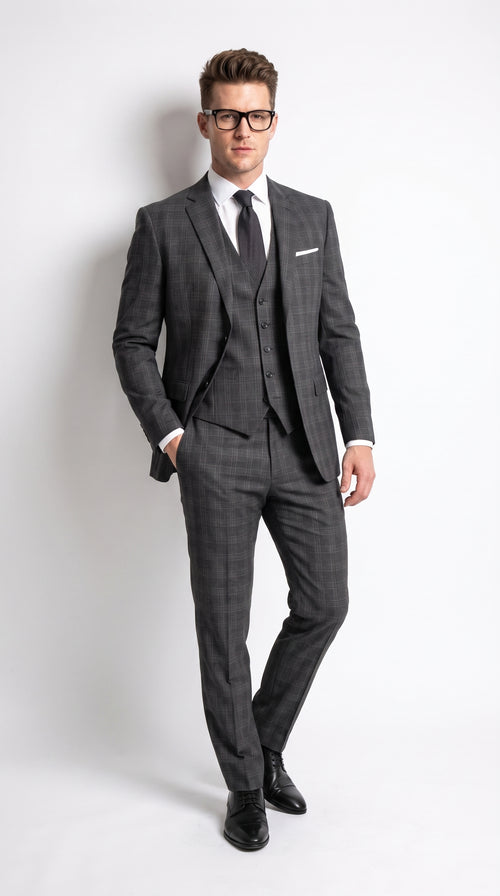Men’s Charcoal Grey Windowpane Plaid 3-Piece Suit – Two-Button Jacket with Matching Vest and Pants