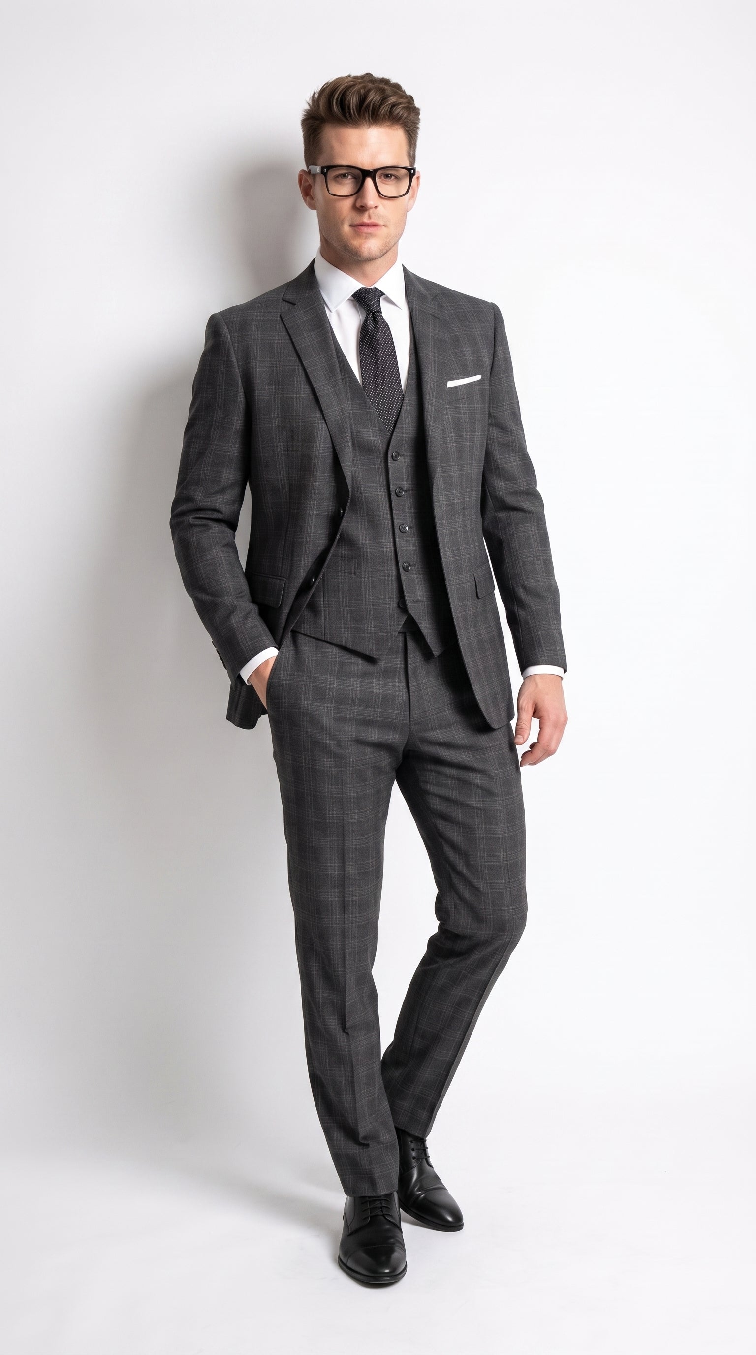 Men’s Charcoal Grey Windowpane Plaid 3-Piece Suit – Two-Button Jacket with Matching Vest and Pants