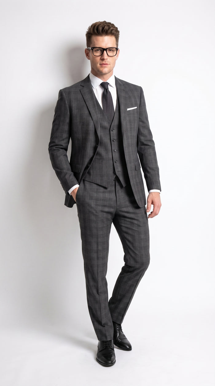 Men’s Charcoal Grey Windowpane Plaid 3-Piece Suit – Two-Button Jacket with Matching Vest and Pants