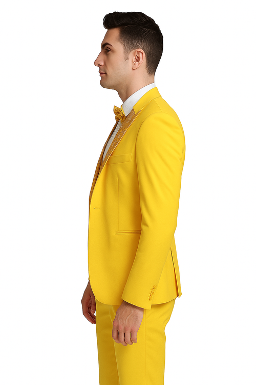 Radiant Golden Bloom Mens 3-Piece Suit with Floral Peak Lapel by USA Men's Outlet