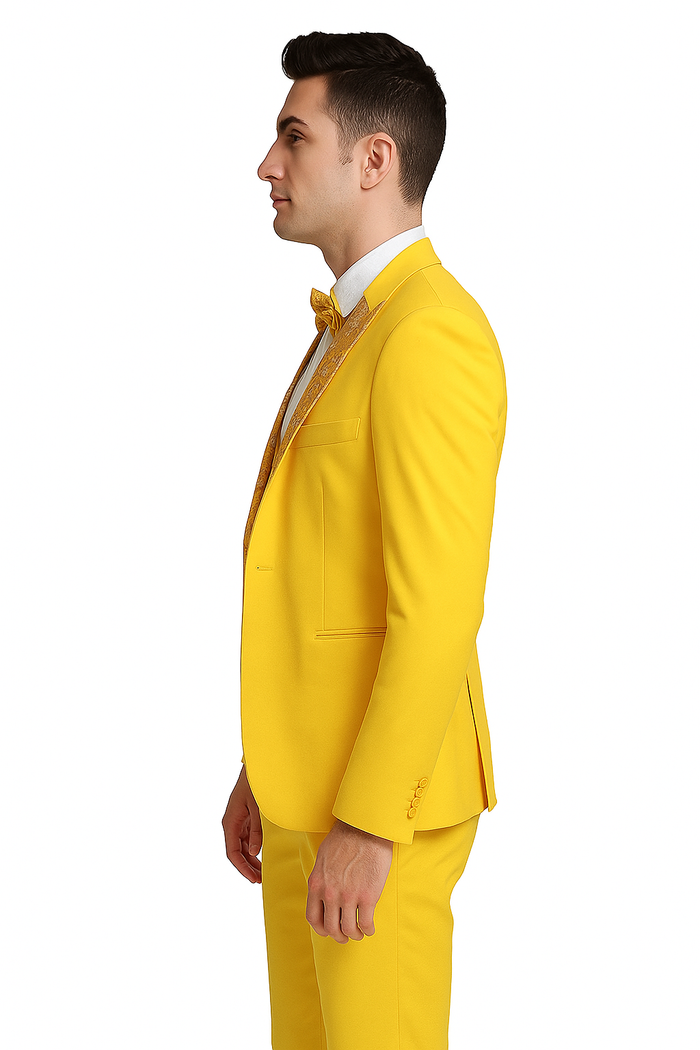 Radiant Golden Bloom Mens 3-Piece Suit with Floral Peak Lapel by USA Men's Outlet